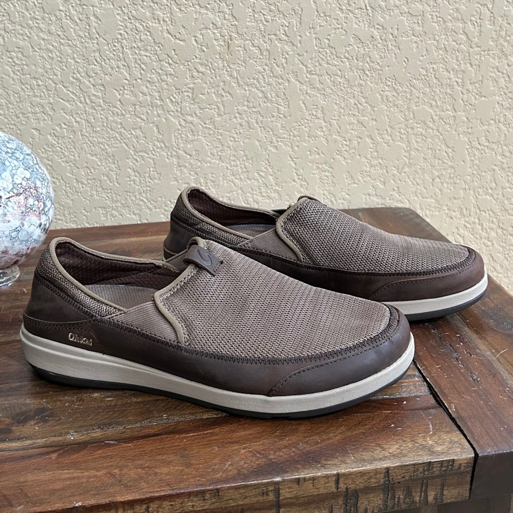 OluKai Makia Slip On Shoes Mens 8.5 Brown Leather Mesh Comfort Casual